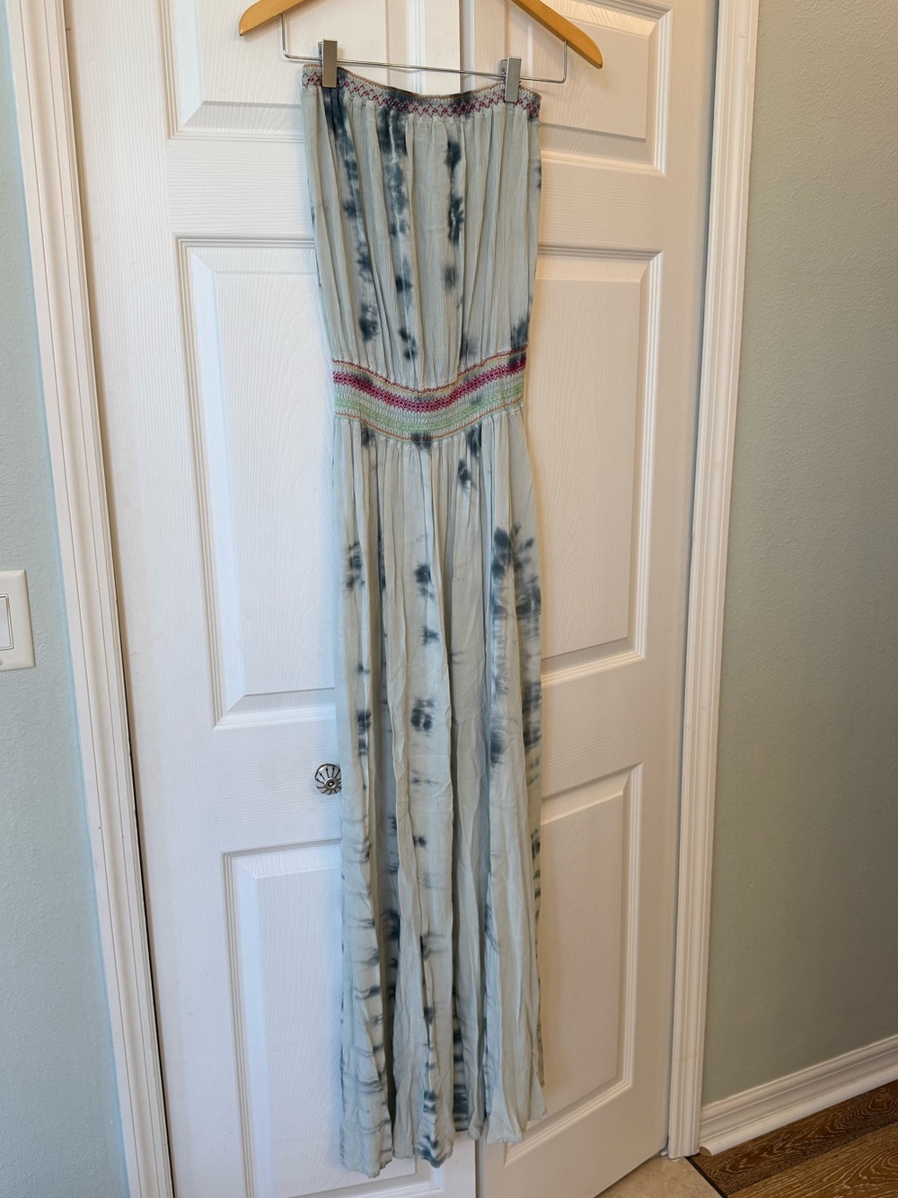 Gypsy 05 Light Blue Tie-Dye Strapless Maxi Dress with Smocked Waist